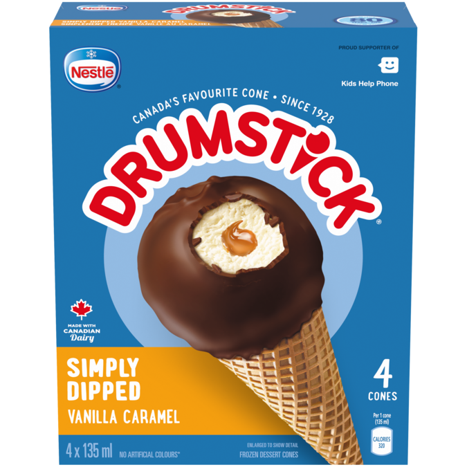 DRUMSTICK Simply Dipped Vanilla Caramel Frozen Desert Cones, Multipack, 4 x 135 ml