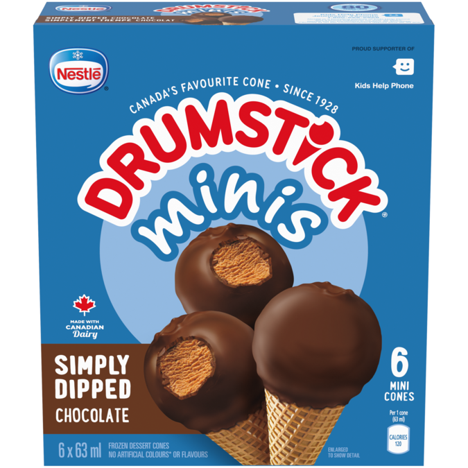 DRUMSTICK Minis Simply Dipped Chocolate Frozen Desert Cones, Multipack, 6 x 63 ml. 