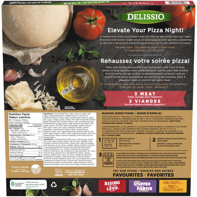 DELISSIO Pizzeria 3 Meat Pizza – 581 g