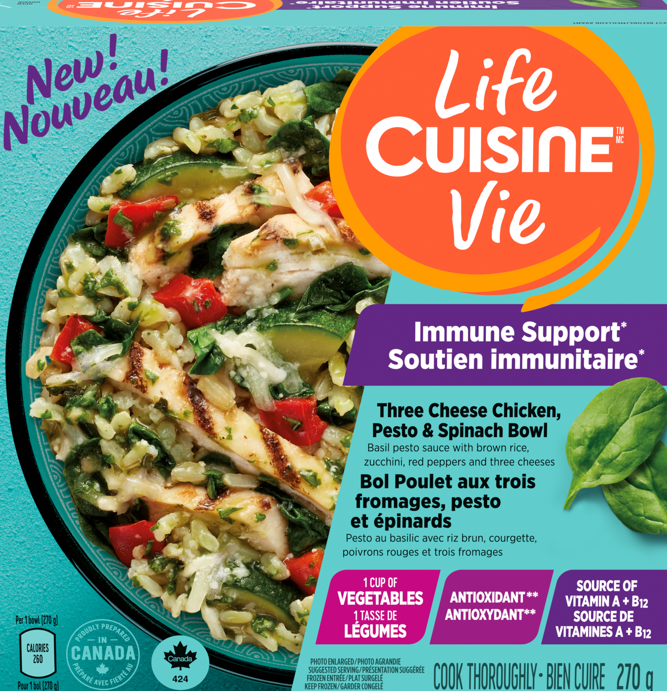 LIFE CUISINE Three Cheese Chicken, Pesto & Spinach Bowl