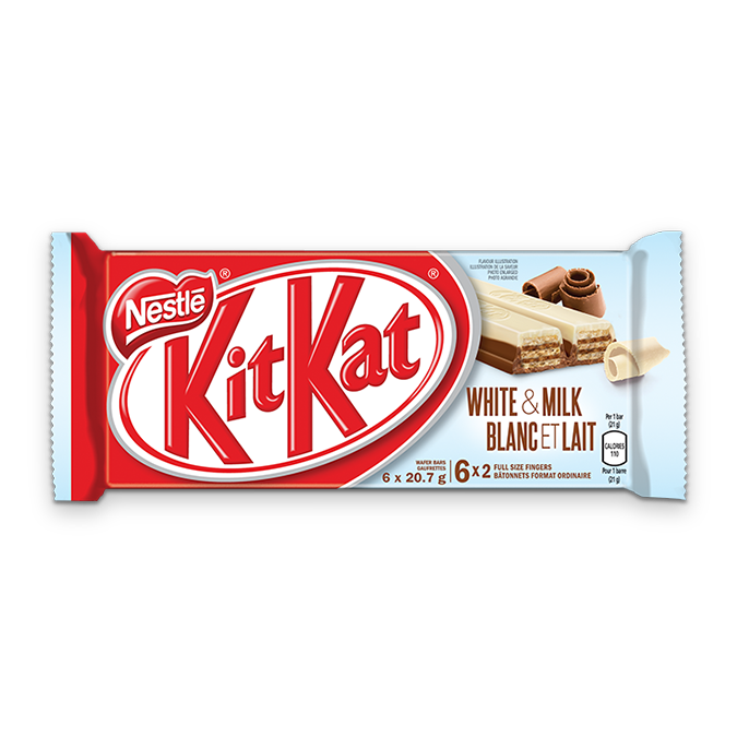 Title text placeholder KIT KAT Tablette de chocolat blanc et lait, emballage multiple, 6 x 20,7 grammes.