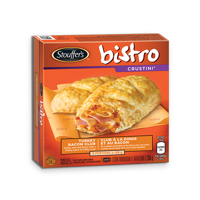 Title text placeholder STOUFFER'S BISTRO Crustini Turkey Bacon Club, 2x 128 gram portions.