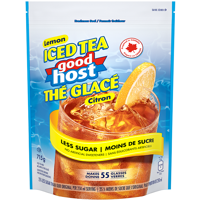 Title text placeholder GOODHOST Lemon Iced Tea with Less Sugar, 715 grams makes 55 glasses.