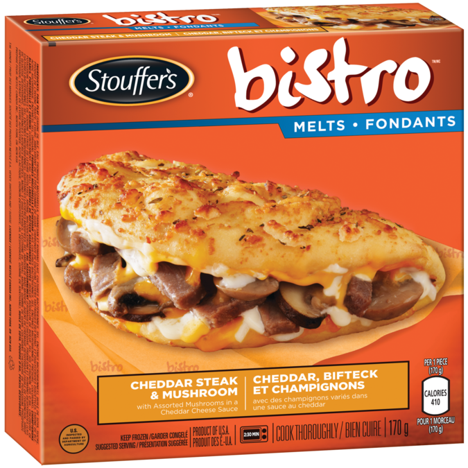 STOUFFER'S BISTRO Melts Cheddar Steak & Mushroom, 170 grams.