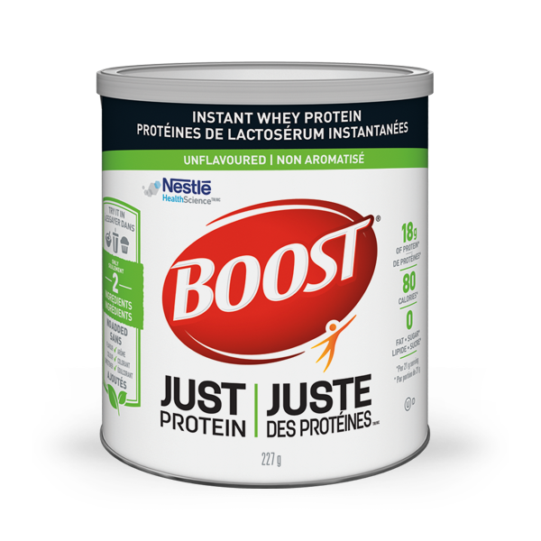 Title text placeholder BOOST Just Protein. Une poudre de protéine de petit-lait non aromatisée avec seulement 2 ingrédients, un moyen facile d'obtenir des protéines supplémentaires.