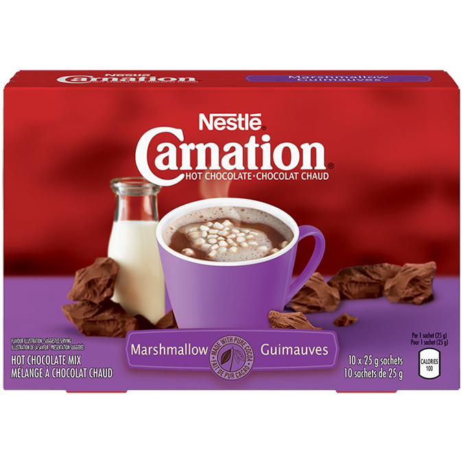 Title text placeholder Poudre de guimauve au chocolat chaud CARNATION, sachets de 10 x 25 grammes.