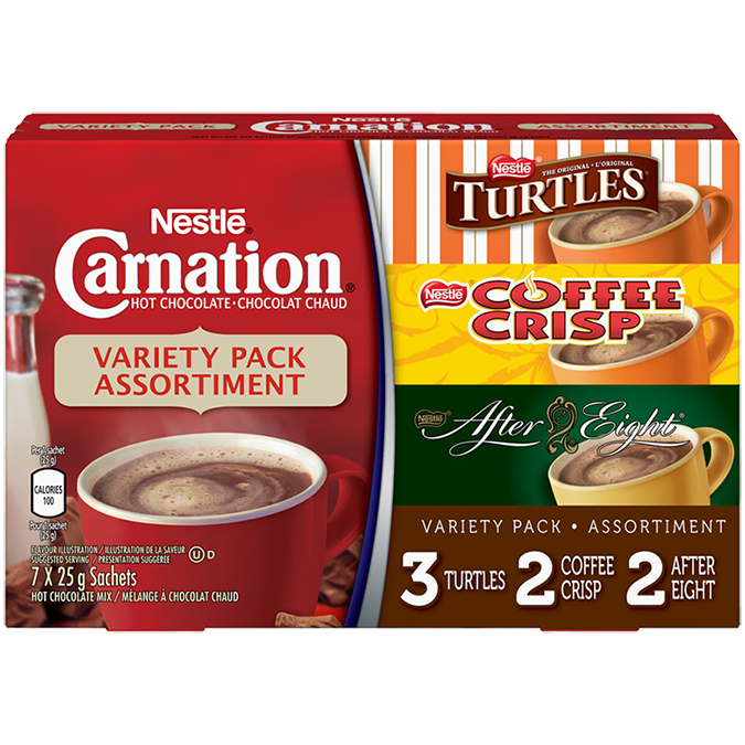 Title text placeholder CARNATION Flavoured Hot Chocolate Powder Variety Pack, 7 x 25 g sachets.