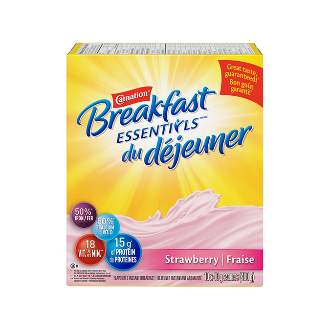 Title text placeholder CARNATION BREAKFAST ESSENTIALS Mélange de boissons en poudre Saveur de fraise, 400 grammes.