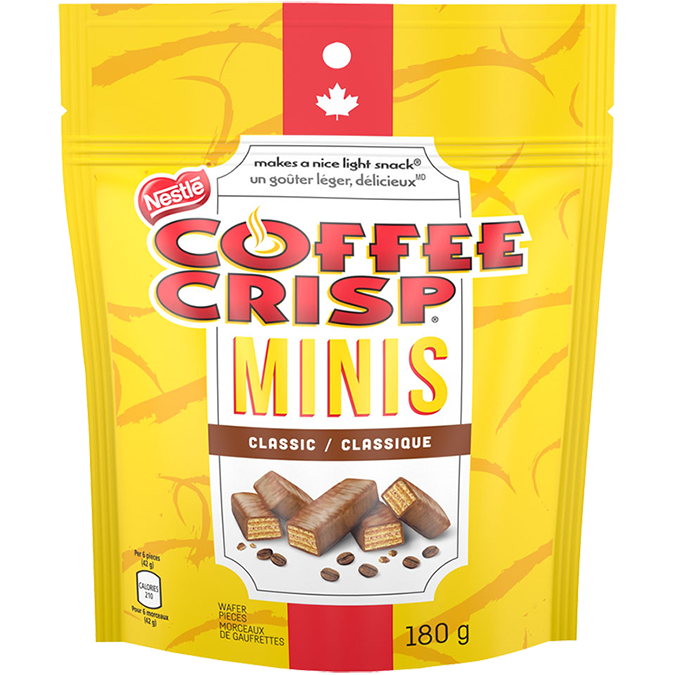 NESTLE COFFEE CRISP Chocolate Minis, Resealable Bag, 180 grams.