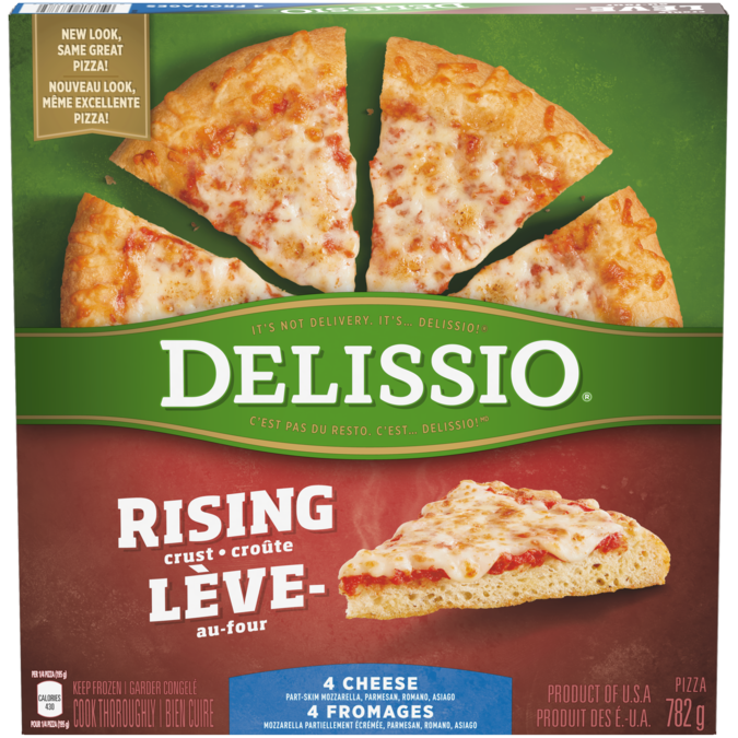 DELISSIO Rising Crust 4 Cheese pizza, 782 grams.