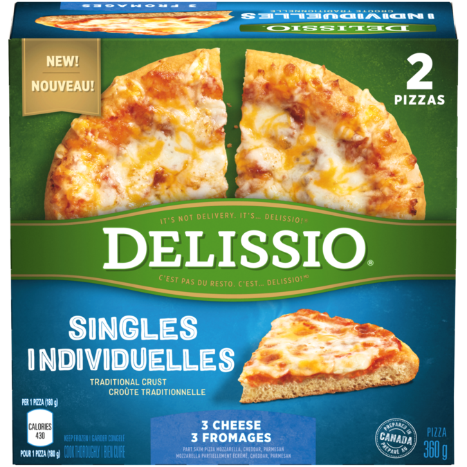 Title text placeholder DELISSIO Singles 3 Cheese Pizza, 2 x 180 gram portions.