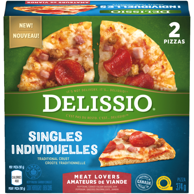 Title text placeholder DELISSIO Pizza pour célibataires amateurs de viande, 2 x 187 grammes.