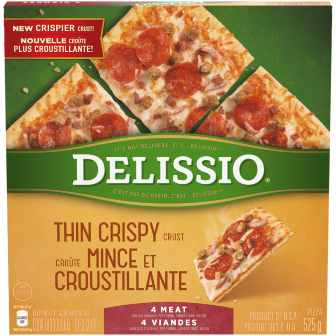 DELISSIO Thin Crispy Crust 4 Meat Pizza, 525 grams.