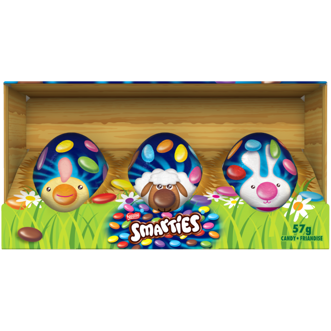 SMARTIES Eggs, pack of 3. Hollow, chocolatey egg full of classic SMARTIES milk chocolate perfect for Easter fun. 