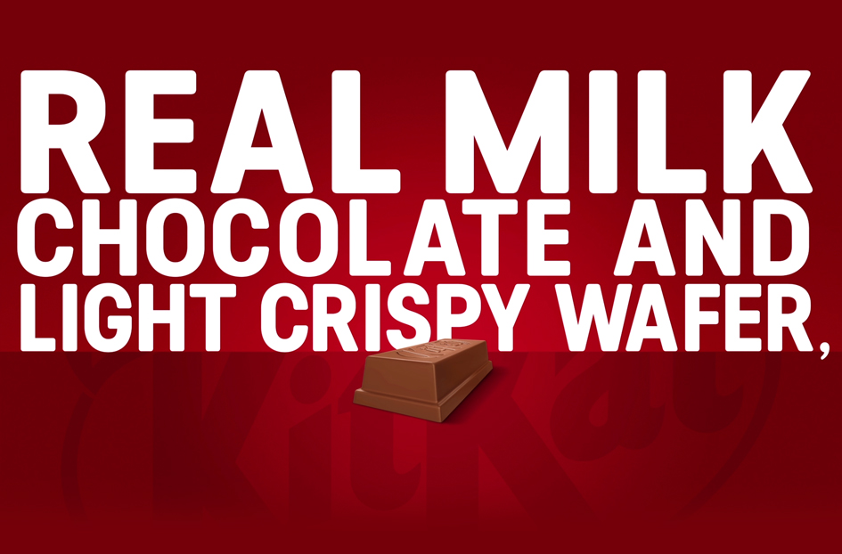 Kit Kat, real milk chocolate and light crispy wafer.