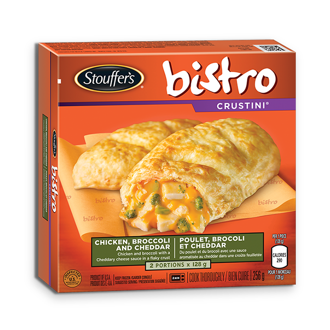 Title text placeholder STOUFFER'S BISTRO Crustini Chicken Broccoli and Cheddar, 256 grams.