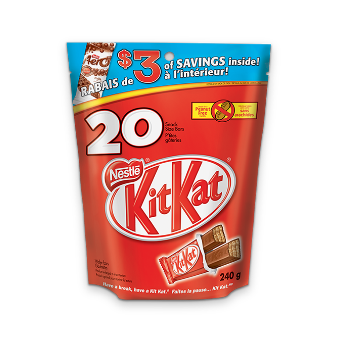 KIT KAT snack sized chocolate bars, pack of 20 bars, 240 grams.
