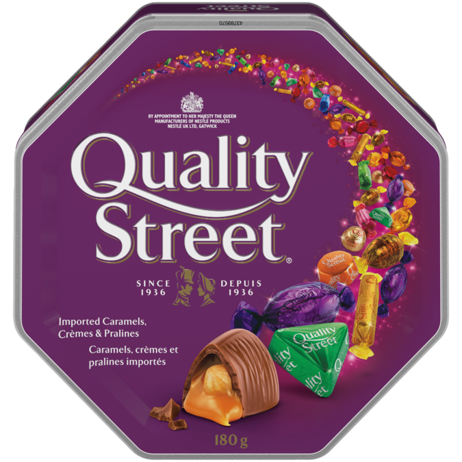 QUALITY STREET Celebration Tin, 180 grams. Assortment of caramels, crèmes, and chocolate pralines.