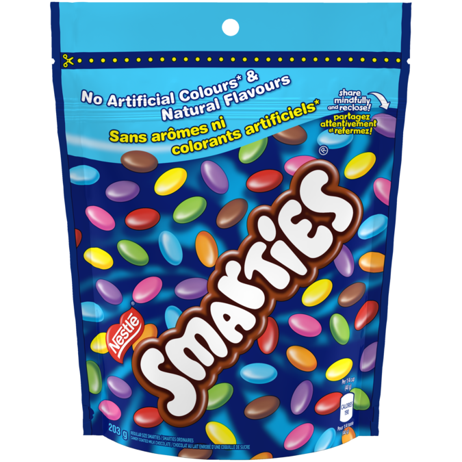 SMARTIES candy-coated milk chocolate, Resealable Bag, 203 grams.