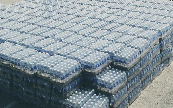 Large stacks of bottled water