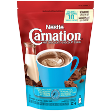 CARNATION Hot Chocolate Powder, Light with 60% fewer calories in a resealable bag. 225 grams makes 18 cups.