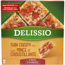 DELISSIO Thin Crispy Crust 4 Meat Pizza, 525 grams.