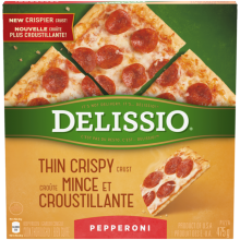 DELISSIO Thin Crispy Crust Pepperoni Pizza, 475 grams.