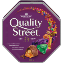 QUALITY STREET Celebration Tin, 180 grams. Assortment of caramels, crèmes, and chocolate pralines.