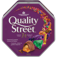 QUALITY STREET Celebration Tin, 180 grams. Assortment of caramels, crèmes, and chocolate pralines.