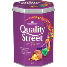 QUALITY STREET Celebration Tin, 360 grams. Assortment of caramels, crèmes, and chocolate pralines.