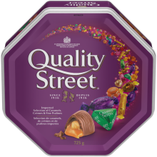 QUALITY STREET Celebration Tin, 725 grams. Assortment of caramels, crèmes, and chocolate pralines.