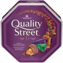 QUALITY STREET Celebration Tin, 725 grams. Assortment of caramels, crèmes, and chocolate pralines.