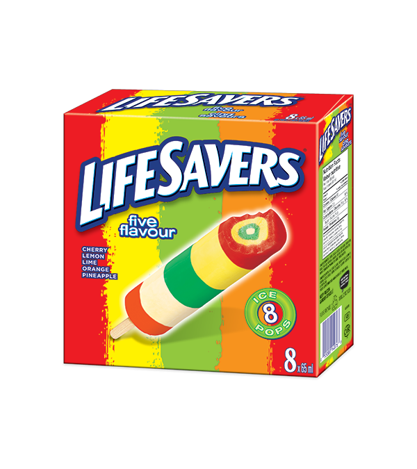 Title text placeholder LIFESAVERS Cherry, Lemon, Lime, Orange, and Pineapple-flavoured ice pop. 8 x 65 ml portions.