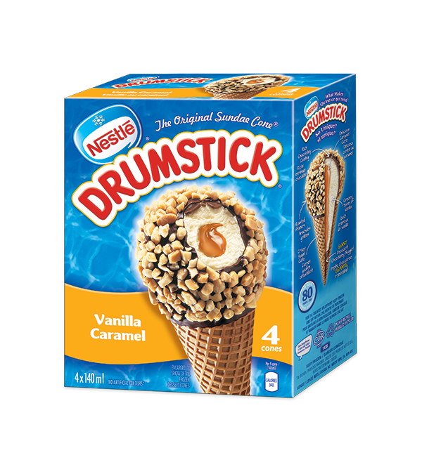 Title text placeholder DRUMSTICK Vanilla Caramel Frozen Desert Cones, Multipack, 4 x 140ml.
