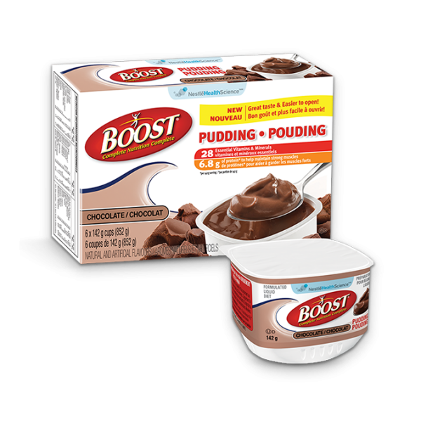 Title text placeholder BOOST Chocolate Pudding, 6 tasses de 142 grammes.