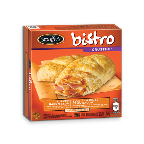 Title text placeholder STOUFFER'S BISTRO Crustini Turkey Bacon Club, 2x 128 gram portions.