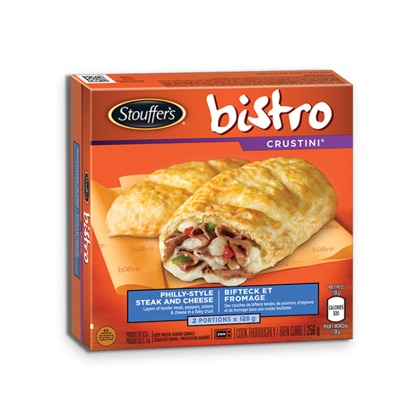 Title text placeholder STOUFFERS Bistro Crustini Philly-Style Steak and Cheese, 256 grams.