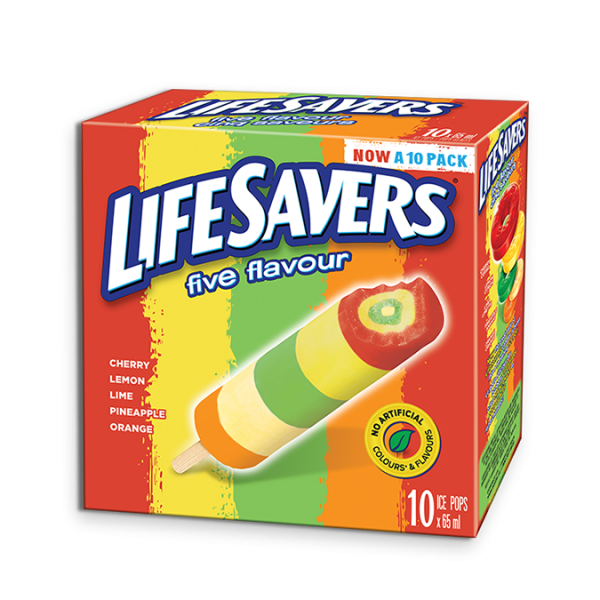 Title text placeholder LIFESAVERS Pops, 10 x 65 ml. Cherry, Lemon, Lime, Orange and Pineapple- flavoured ice pop!