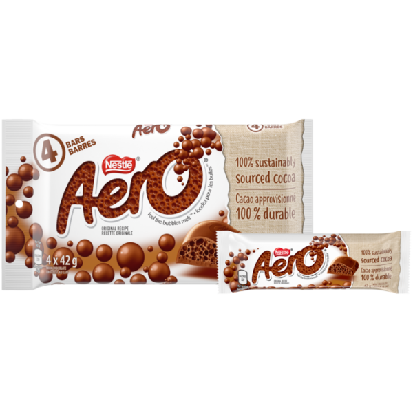 Title text placeholder AERO Milk Chocolate, multipack, 4 x 42 gram portions. 100% sustainably sourced cocoa.