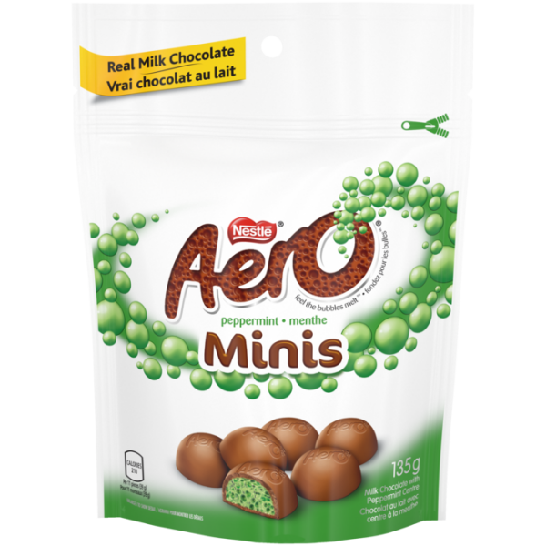 Title text placeholder Minis chocolat au lait et menthe poivrée AERO, 135 grammes.