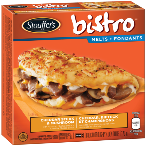Title text placeholder STOUFFER'S BISTRO Melts Cheddar Steak & Mushroom, 170 grams.