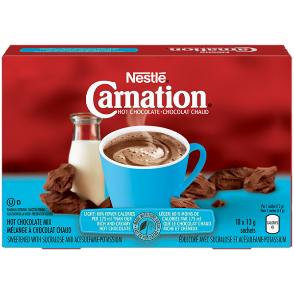 Title text placeholder Chocolat chaud en poudre légère CARNATION, sachets de 10 x 13 grammes.