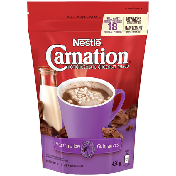 Title text placeholder CARNATION, Poudre de guimauve au chocolat chaud, 450 grammes pour 18 portions.