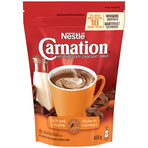 Title text placeholder Chocolat chaud CARNATION en poudre riche et crémeux, 450 grammes.