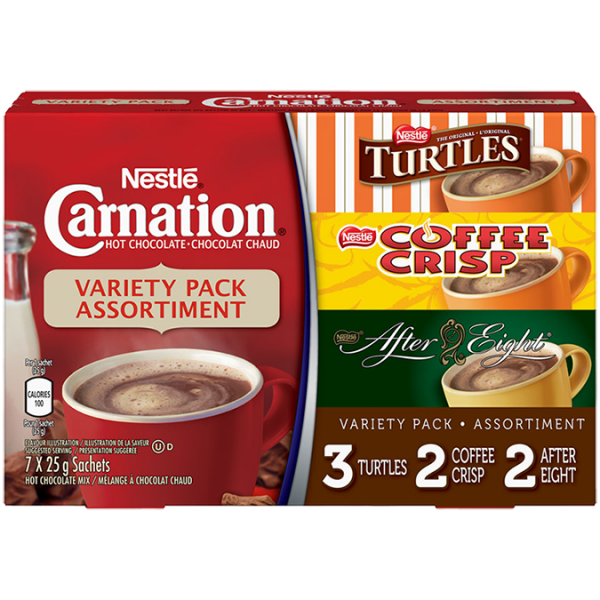 Title text placeholder CARNATION Flavoured Hot Chocolate Powder Variety Pack, 7 x 25 g sachets.