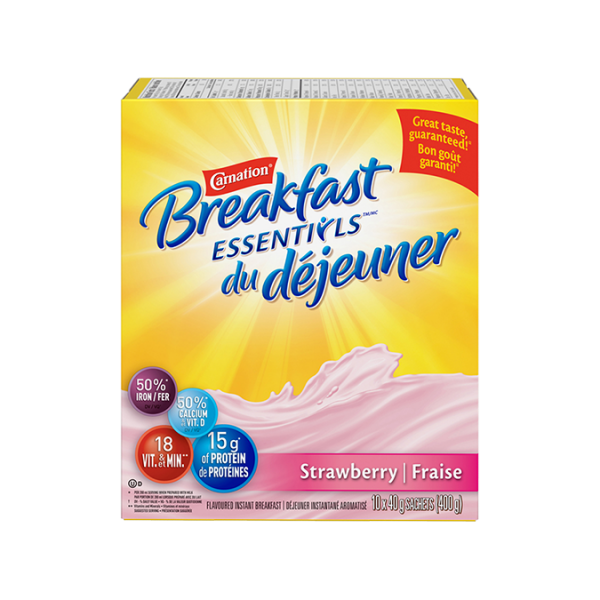 Title text placeholder CARNATION BREAKFAST ESSENTIALS Mélange de boissons en poudre Saveur de fraise, 400 grammes.