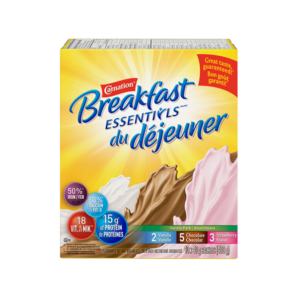 Title text placeholder CARNATION BREAKFAST ESSENTIALS Variety Flavour Pack 10 x 40 grammes sachets