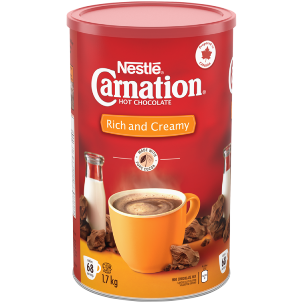 Title text placeholder CARNATION Poudre de chocolat chaud riche et crémeuse. 1,7 kg donne 68 portions.