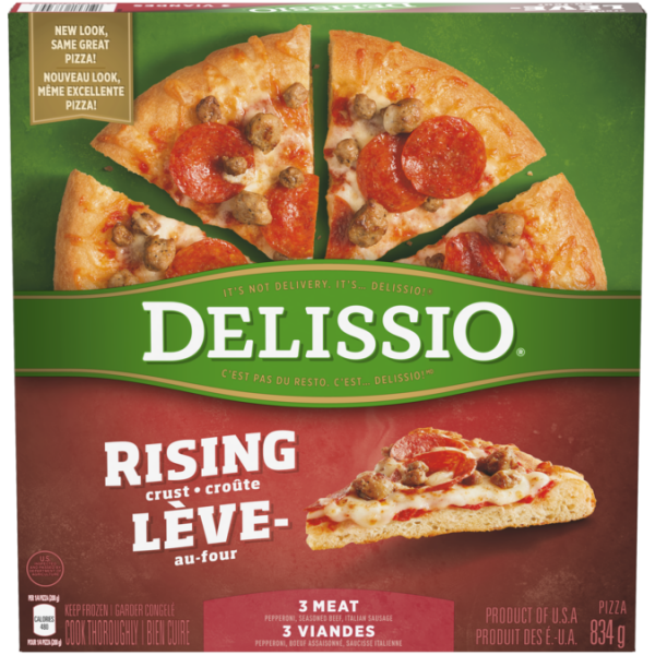 Title text placeholder DELISSIO Rising Crust Pizza 3 Viandes, 834 grammes.