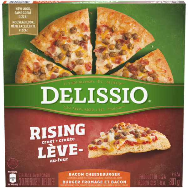 Title text placeholder DELISSIO Rising Crust Bacon Cheeseburger Pizza, 801 grammes.